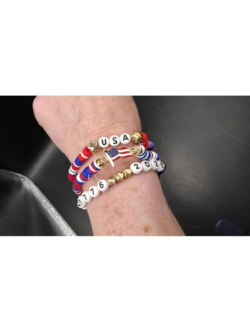 Patriotic Red White Blue Beaded Bracelet Stack with USA Letter Beads
